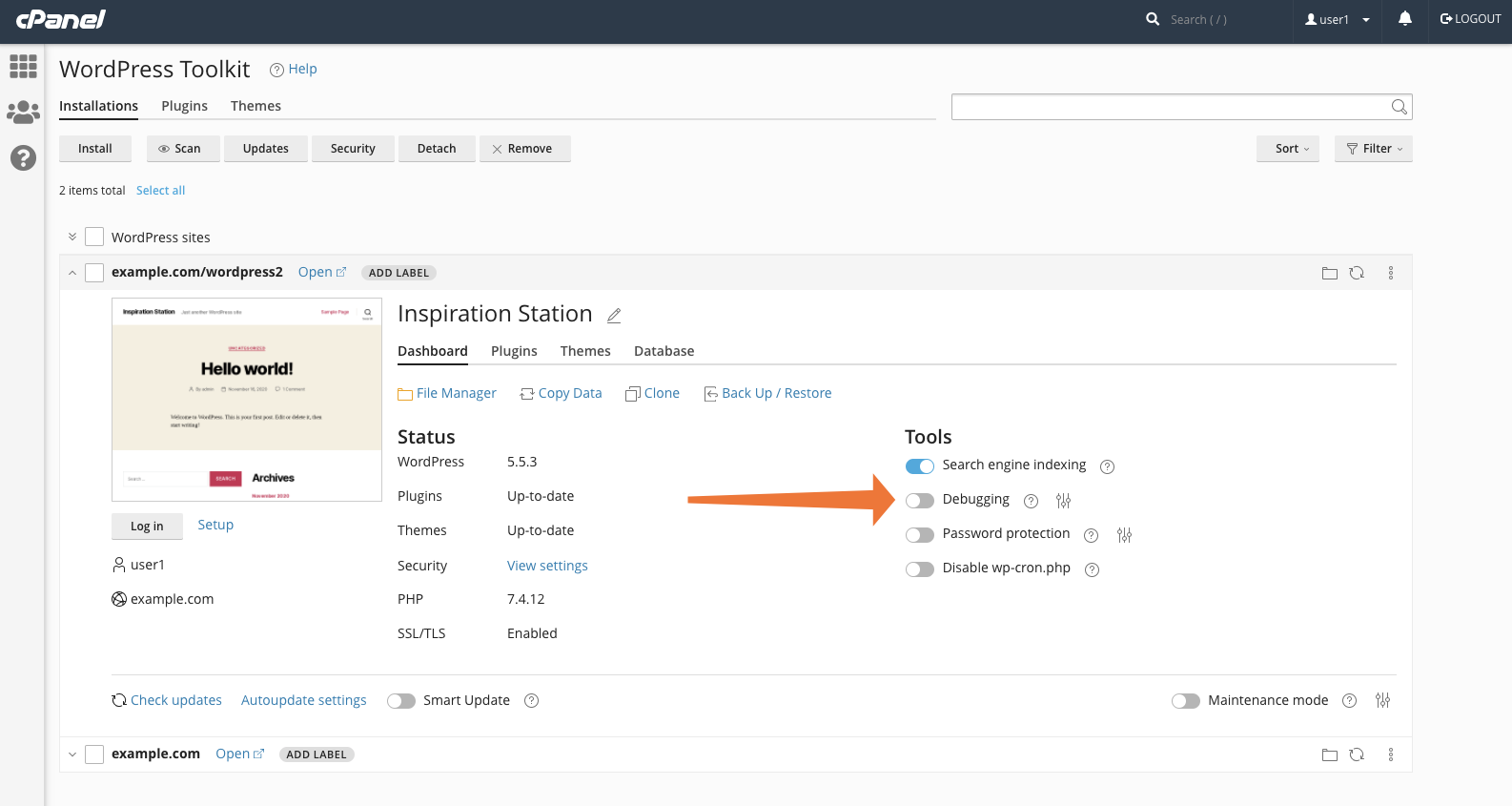 WP Toolkit for cPanel Debugging Mode Activation