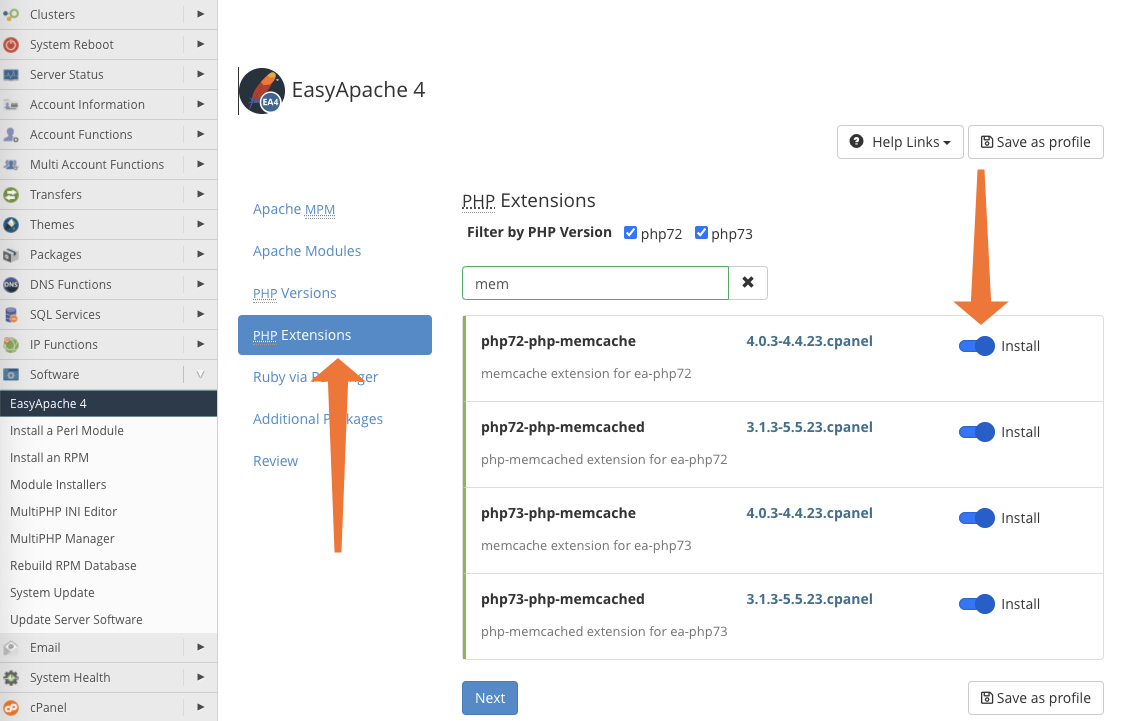 cPanel Install Memcached Extensions