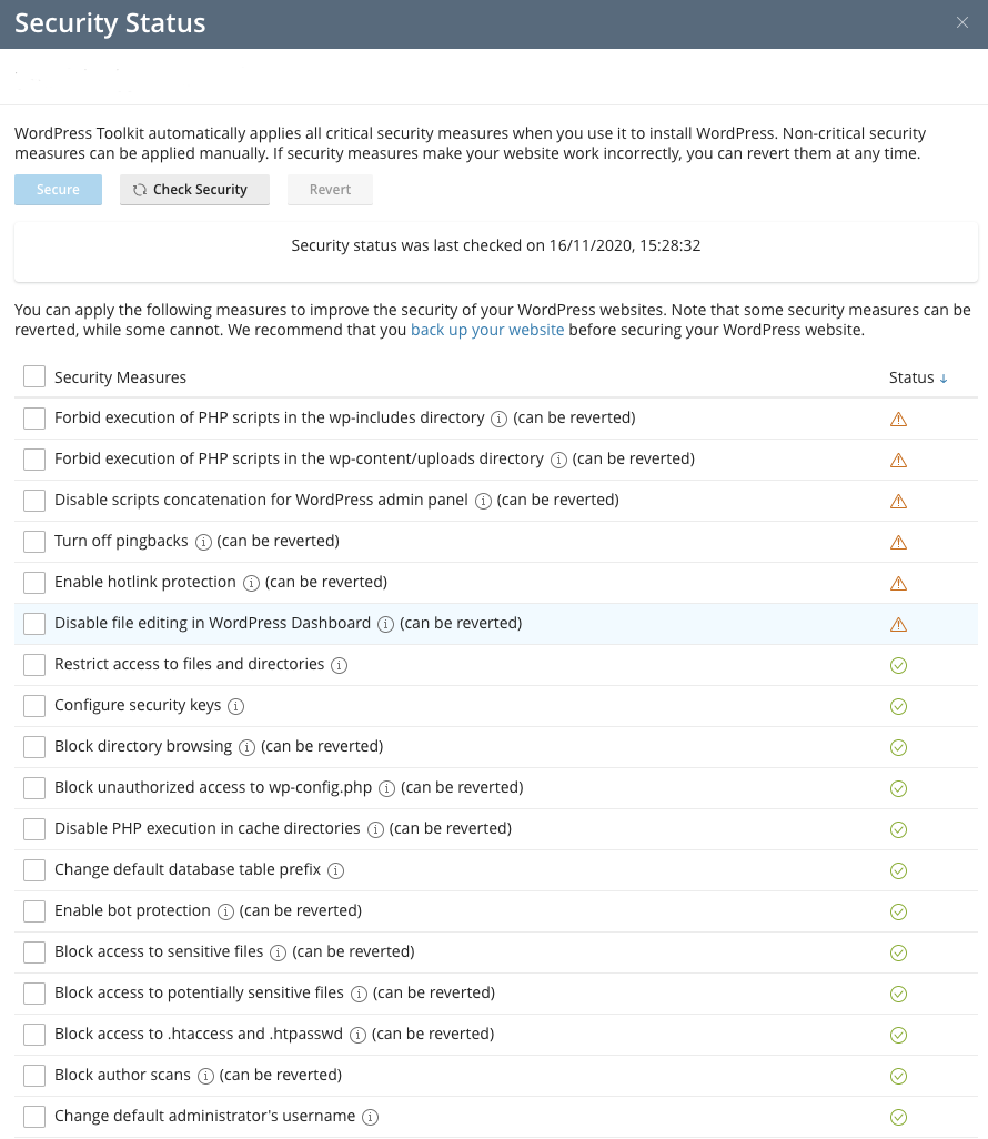 WP Toolkit Security Status